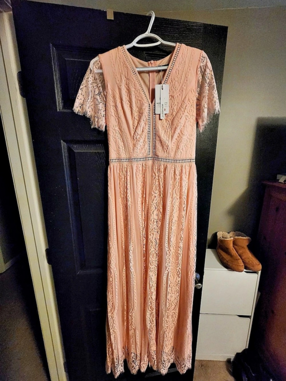 Merokeety Women's V-Neck Short Sleeve Floral Lace Boho A-Line Maxi Dress Floral